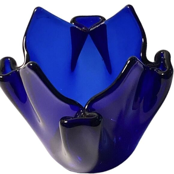Partylite Sapphire Candle Holder Cobalt Blue Handkerchief Glass Tealight Votive - Picture 1 of 5